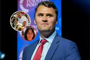 Hombre con traje azul y corbata roja en primer plano con dos pequeños círculos mostrando a otras dos personas en el fondo