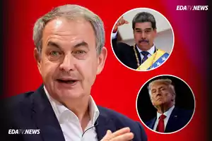 Un hombre de cabello canoso en primer plano con fondo rojo y dos círculos en la esquina superior derecha que muestran a otros dos hombres, uno con banda presidencial y otro con traje y corbata