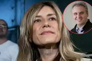 Mujer de cabello rubio en primer plano con un hombre sonriendo en un recuadro circular en la esquina superior derecha.