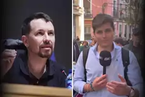 Dos hombres en diferentes contextos, uno hablando en un evento y el otro reportando en la calle con un micrófono.